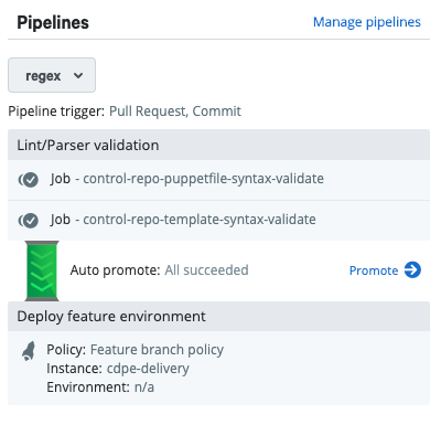 Regex branch pipeline with two jobs and a deployment using the feature branch deployment policy