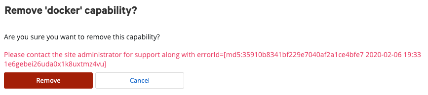 A web UI error message stating: Please contact the site administrator for support along with errorID=[md5:359...bfe7 2020-02-06 19:33 1eg...4vu]. The error ID is truncated for example purposes.