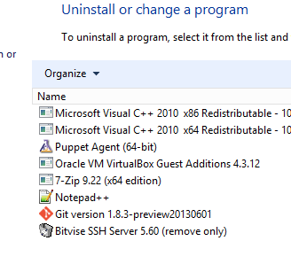 A screenshot of the Programs and Features windows showing that Vagrant is no longer in the list of installed programs.