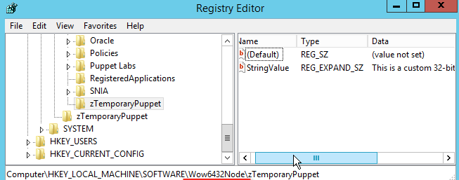 The Registry Editor window showing keys in the zTemporaryPuppet subfolder.