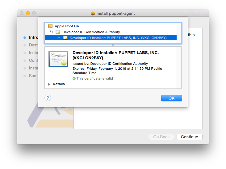 Details about the puppet-agent package's certificate displayed by the OS X package installer.
