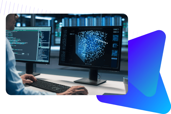 Developer viewing data on desktop in server office.