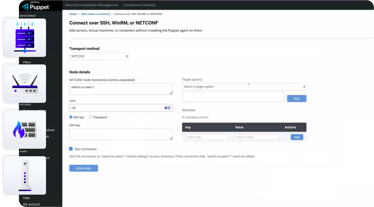 Puppet screenshot with switch, POS, firewall, and network icons.