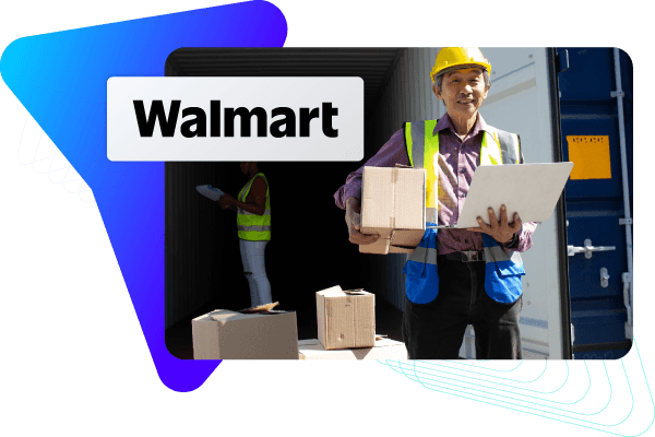 Walmart with warehouse employees carrying boxes.