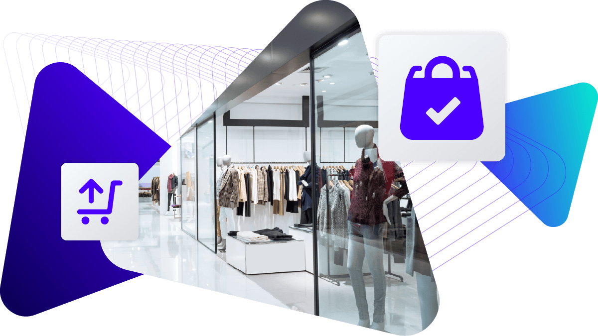 Retail storefront with consumer/shopping icons.