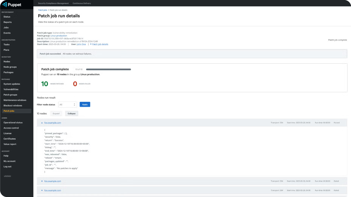 A screenshot of the Vulnerabilities dashboard in the Puppet Enterprise console, where details of a completed patch job are visible. 10 nodes in a patch group called "Linux production" have been successfully patched, 0 patches failed, and details like description, user, start time, and documentation are visible.
