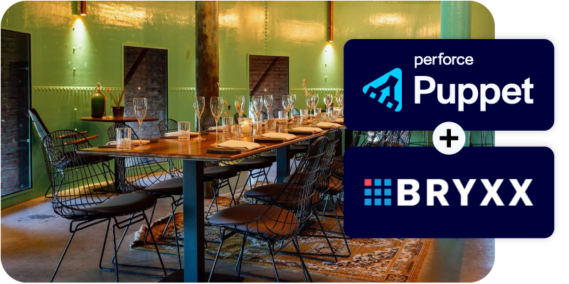 Puppet and Bryxx logos with photo of Restaurant De Watertoren dining room.