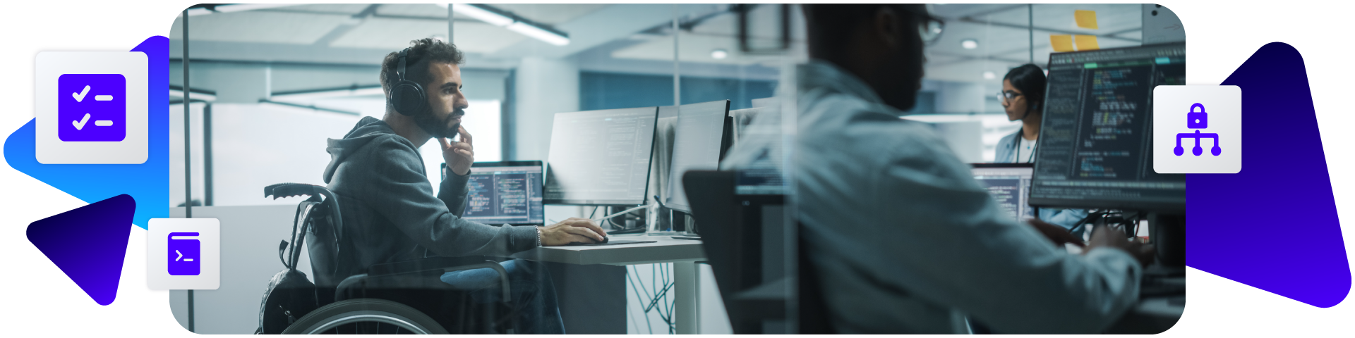 Developers working at computers in an office with enforcement icons.