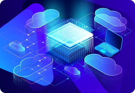 Illustration of a cloud environment with various holographic cloud, chip, and data icons.