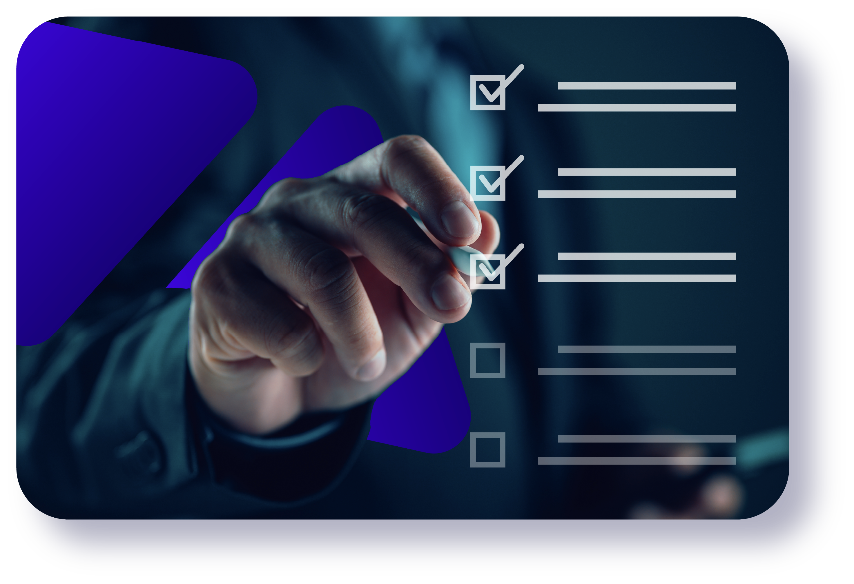 A hand in a suit checks off items on a digital checklist on a touchscreen device.