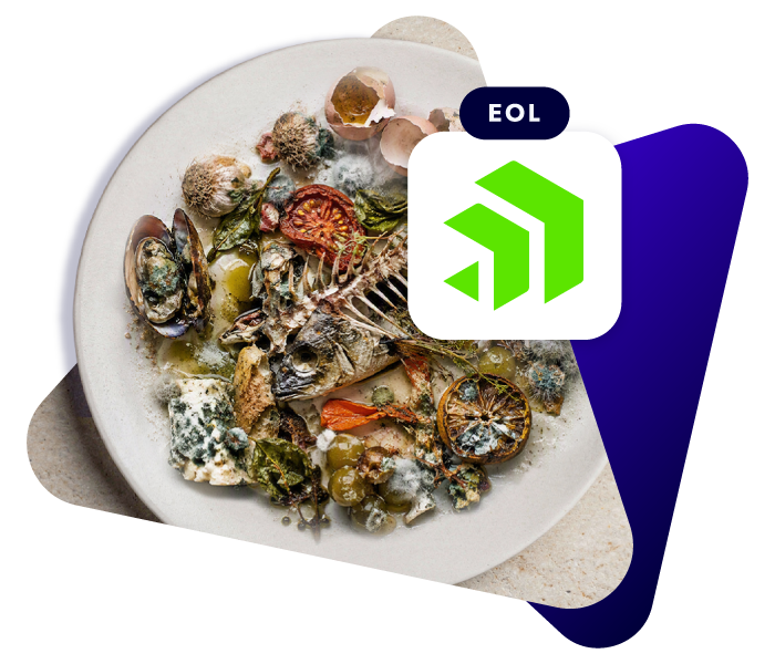 Chef icon wit EOL and rotten food dish image background.
