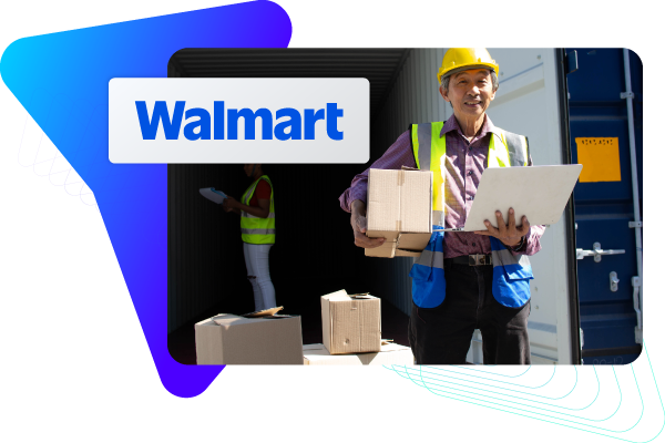 Walmart with warehouse employees carrying boxes.