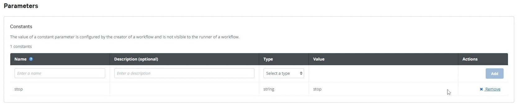 Screenshot of stop service parameter section