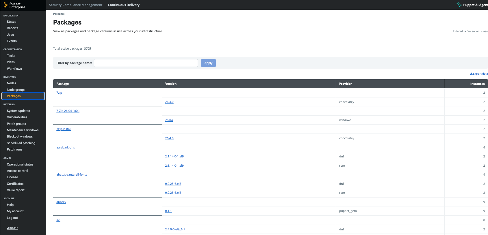 Screenshot of PE packages list