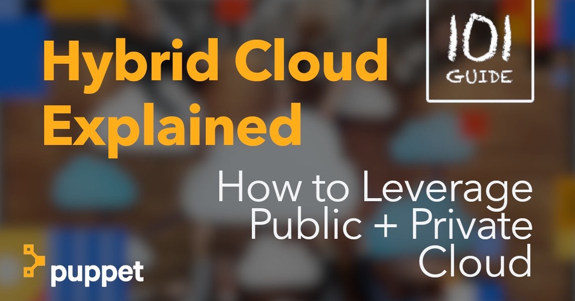 Hybrid Cloud Explained: How to Leverage Public + Private Cloud - 101 Guide. A blurry image of cloud icons spreads across the background. The Puppet logo appears in the bottom-left corner.