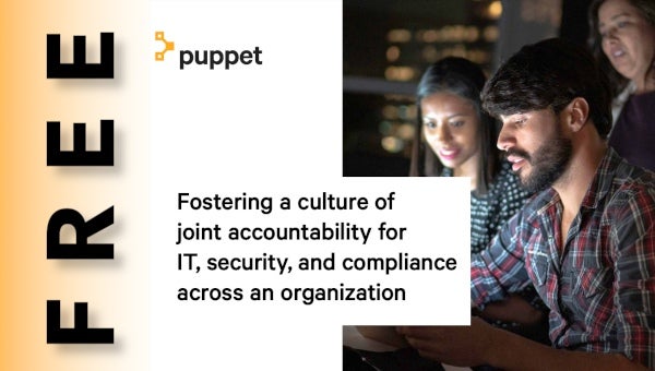 A cover of an eBook by Puppet. Text reads: FREE - Fostering a Culture of Joint Accountability for IT, Security, and Compliance