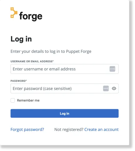 Puppet Forge login screen: A screenclip of the login prompt for accessing the Puppet Forge.